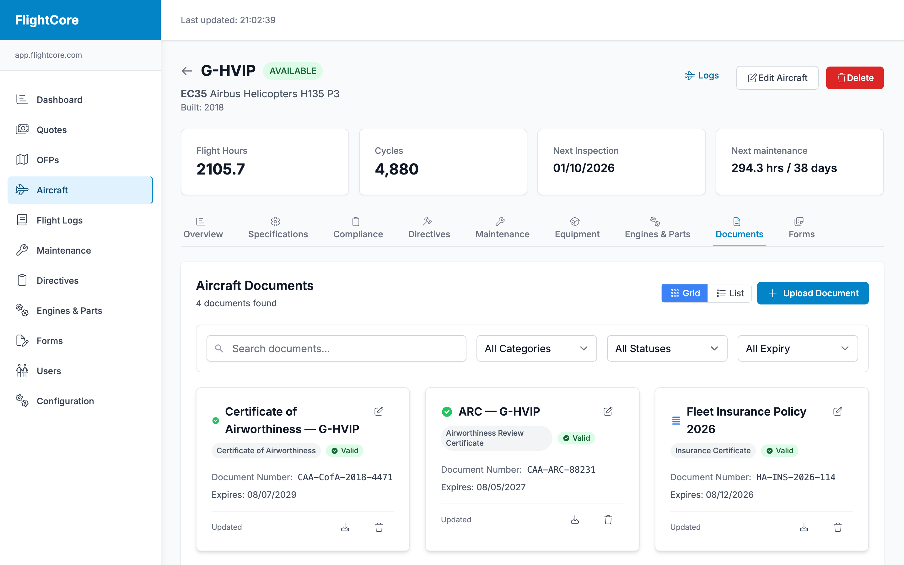 Aircraft compliance page showing certificates, documents and expiry tracking for a single airframe