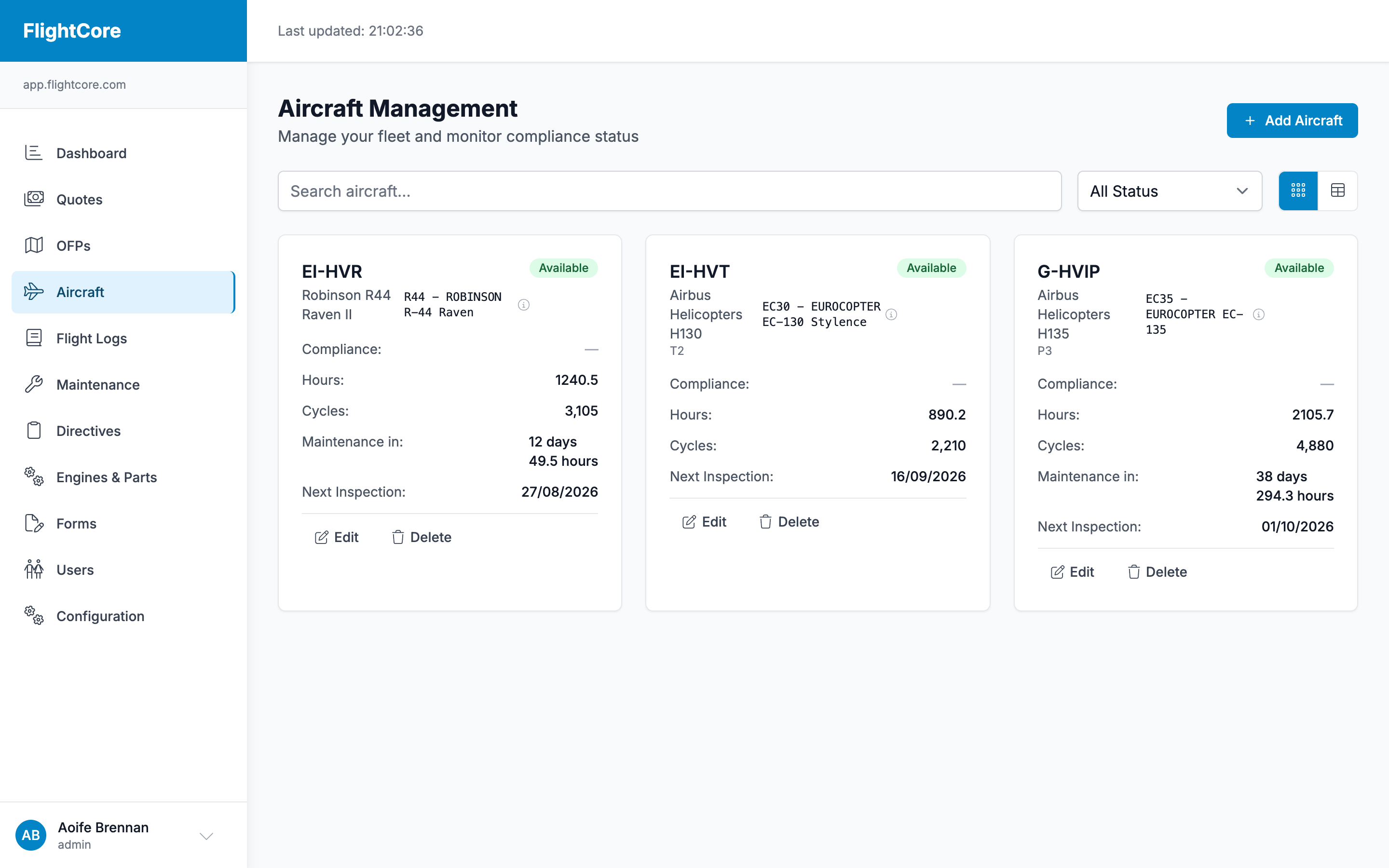 Fleet list showing every aircraft with hours, cycles and airworthiness status