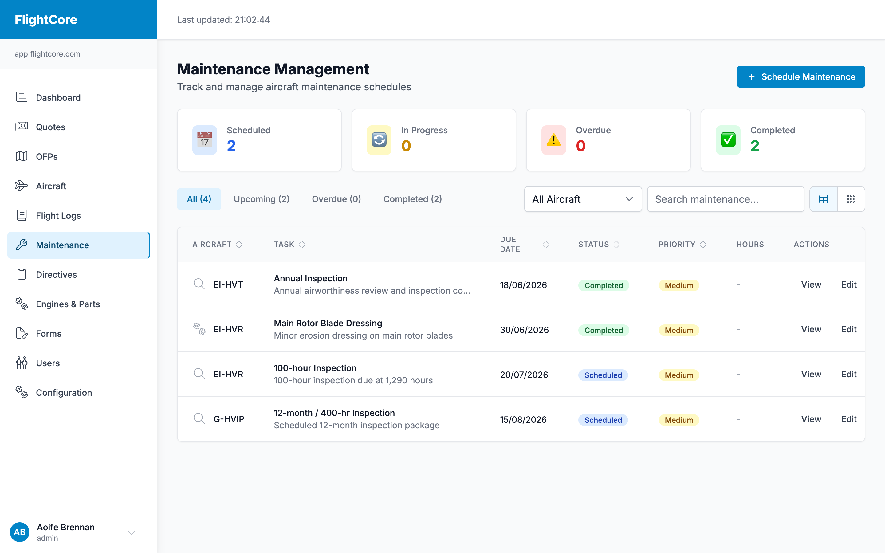 Maintenance schedule showing upcoming inspections with due-date and due-hours warnings