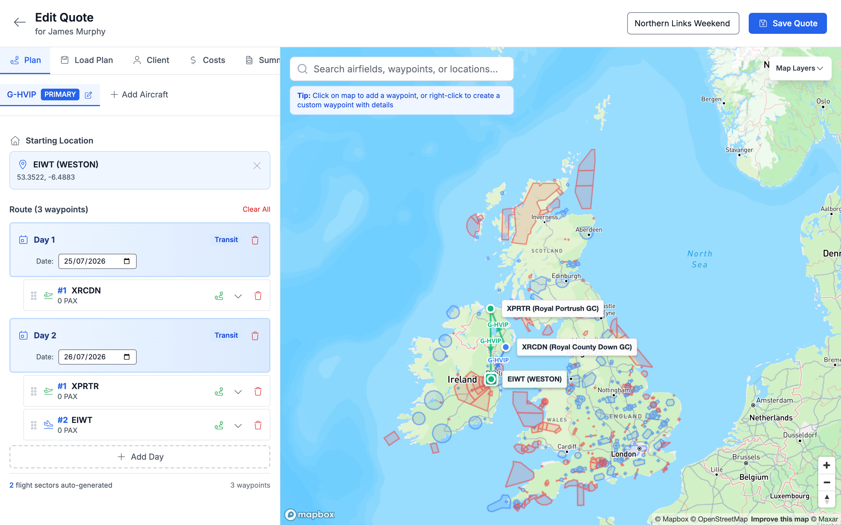 Quote builder showing a multi-sector helicopter charter itinerary on a live map with fuel and payload calculations